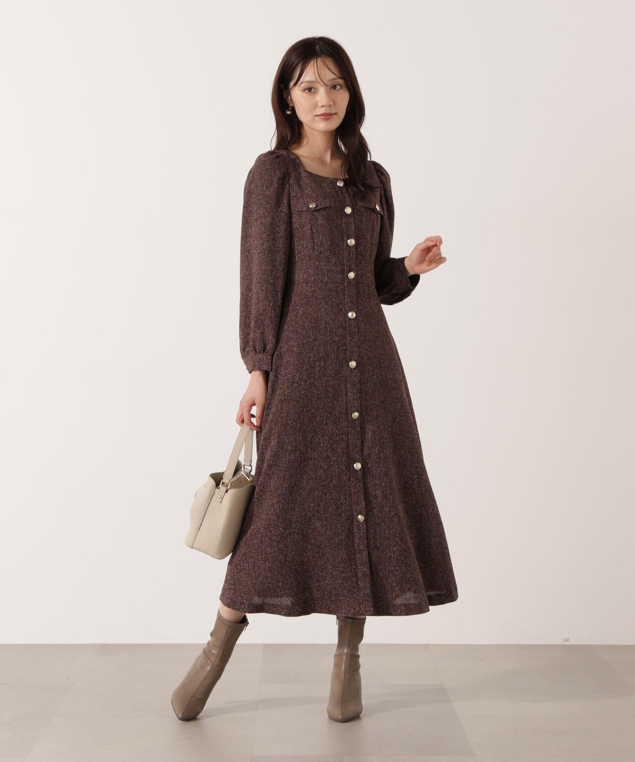 【青島心さん着用】フロント釦ツイードワンピース