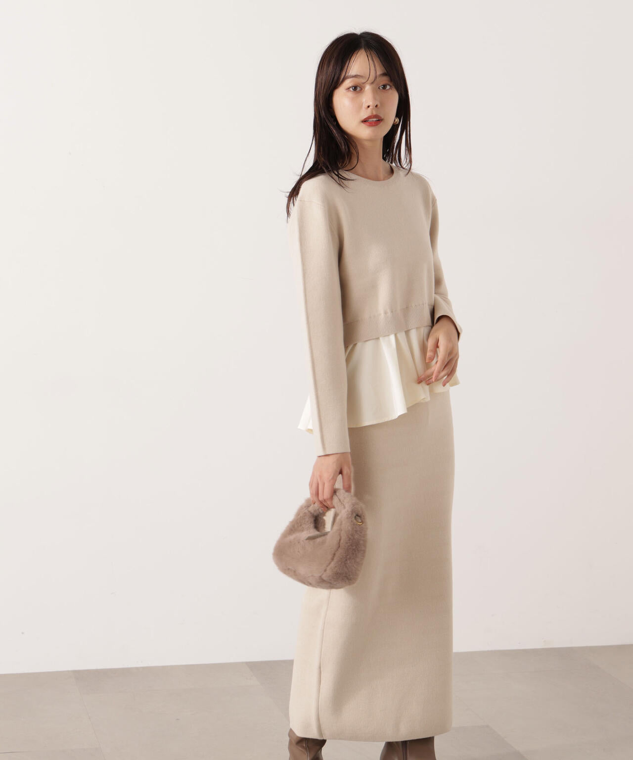 【青島心さん着用】<ウォッシャブル>ランダムヘムペプラムニットSETUP