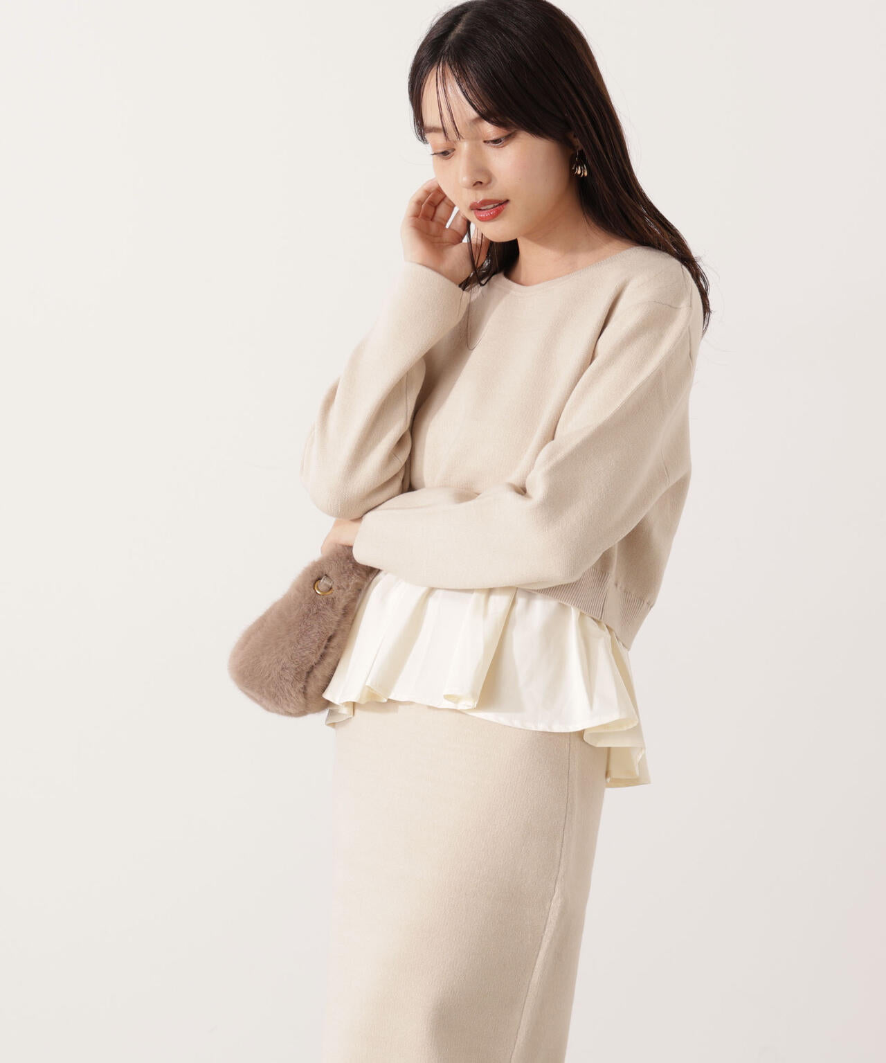 【青島心さん着用】<ウォッシャブル>ランダムヘムペプラムニットSETUP