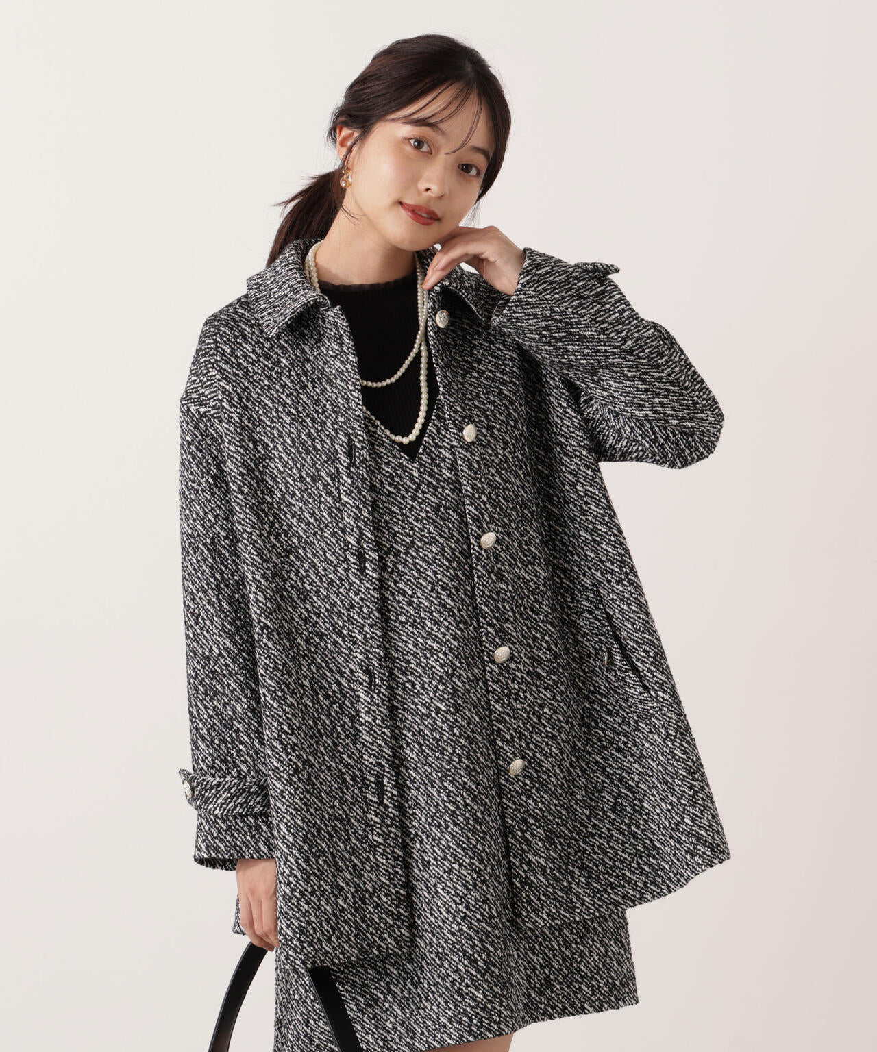 【青島心さん着用】金ボタン付きツイードミドルジャケット