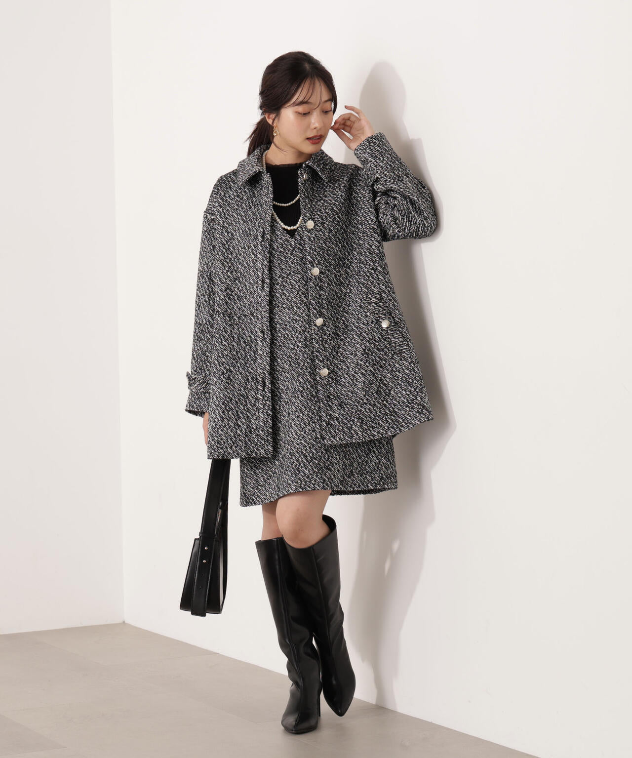 【青島心さん着用】金ボタン付きツイードミドルジャケット