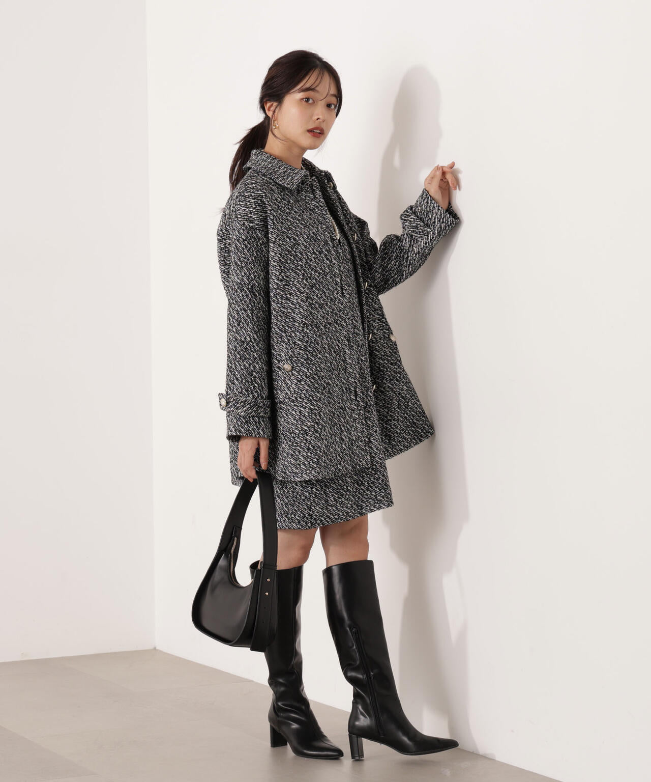 【青島心さん着用】金ボタン付きツイードミドルジャケット