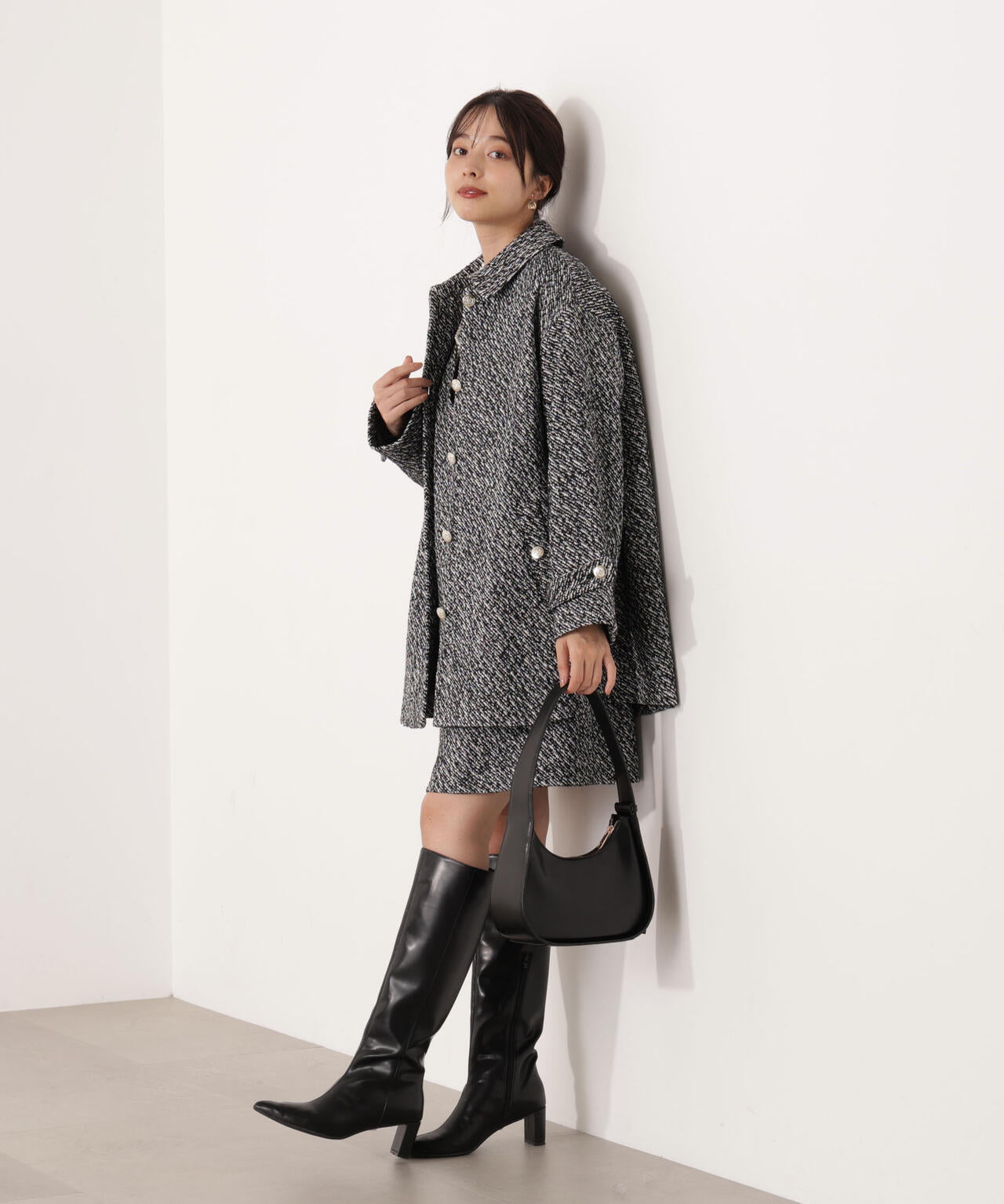【青島心さん着用】金ボタン付きツイードミドルジャケット