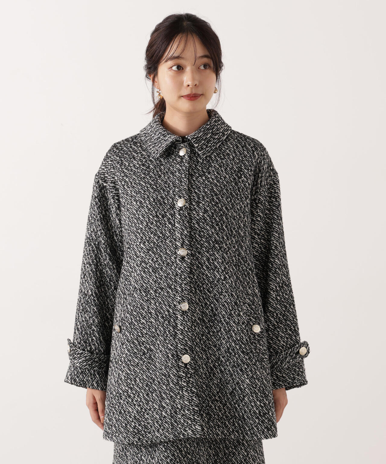 【青島心さん着用】金ボタン付きツイードミドルジャケット