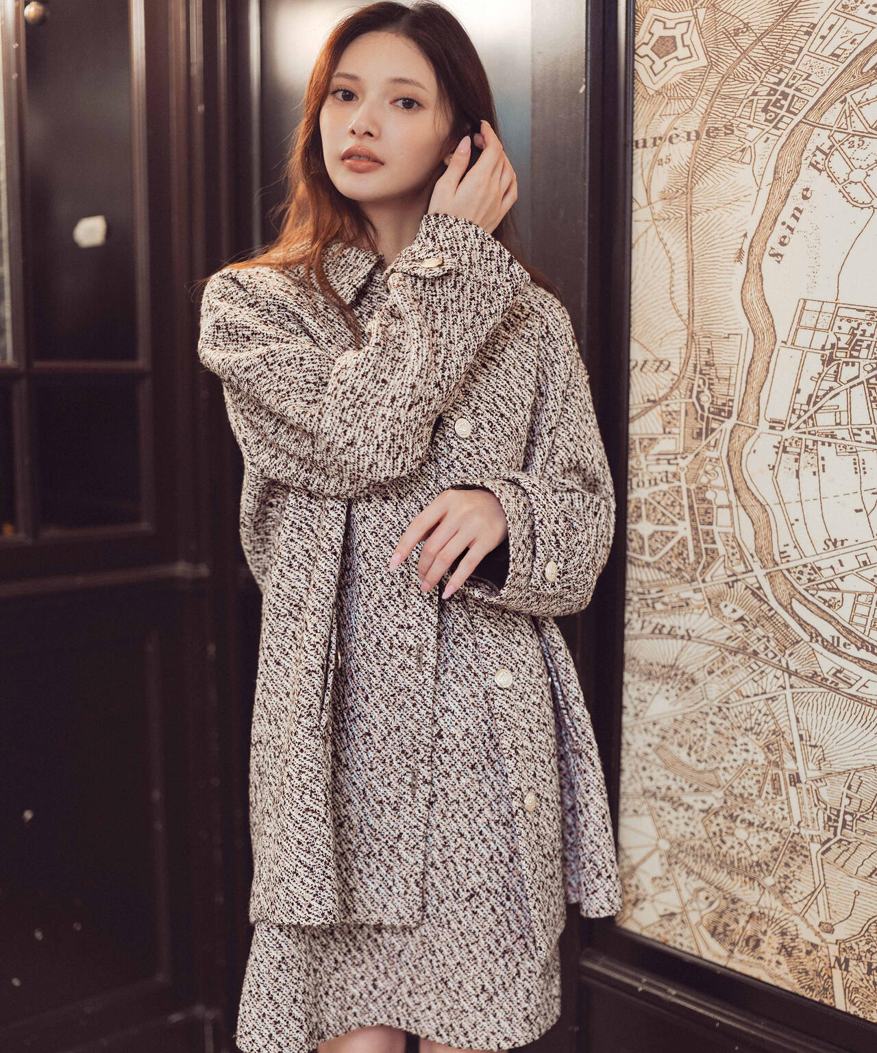 【青島心さん着用】金ボタン付きツイードミドルジャケット