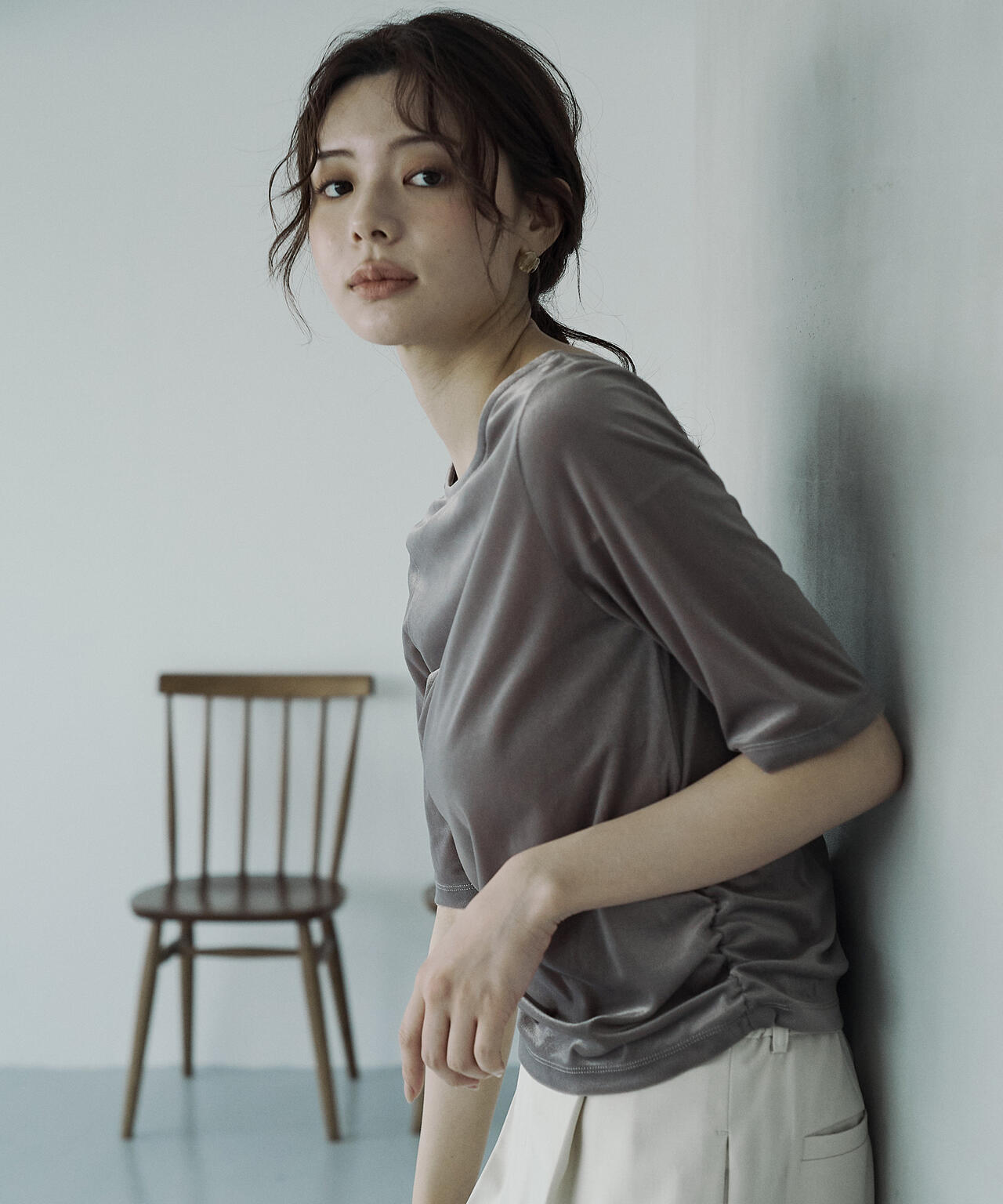 <ハンドウォッシャブル>シアーベロア5分袖トップス