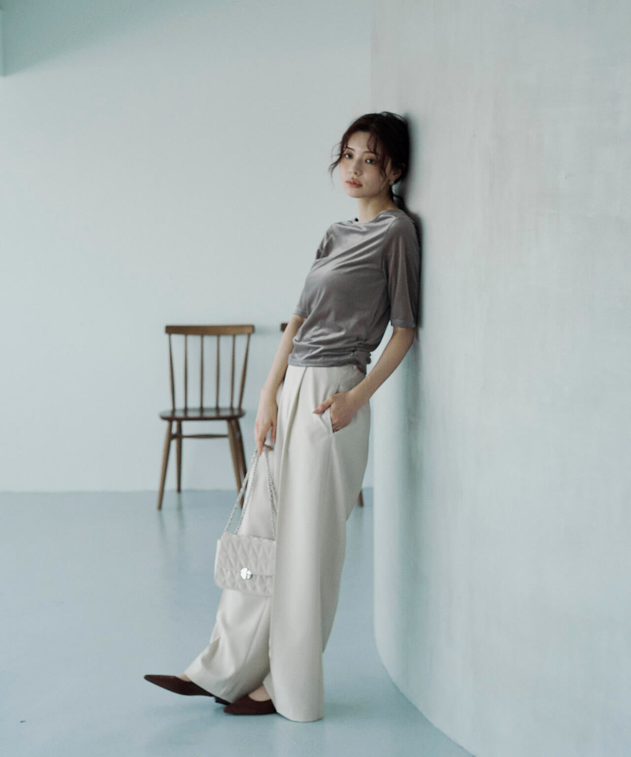 <ハンドウォッシャブル>シアーベロア5分袖トップス