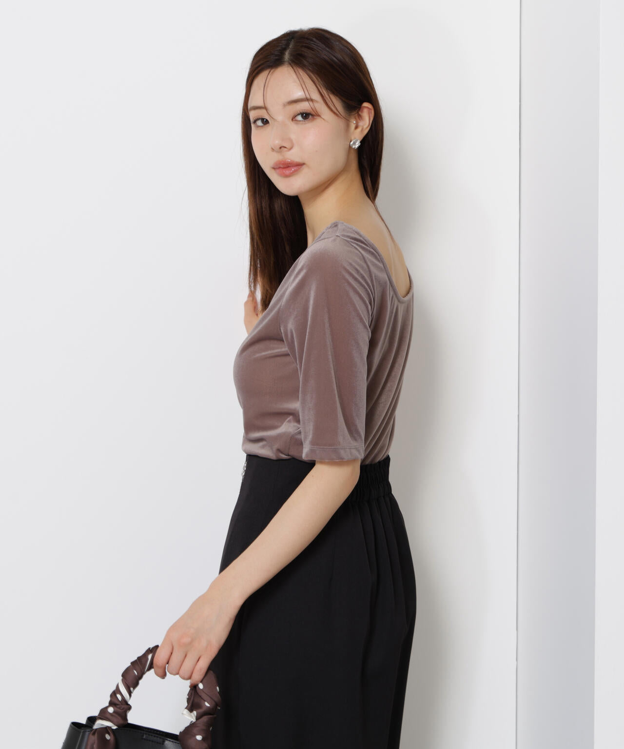 <ハンドウォッシャブル>シアーベロア5分袖トップス