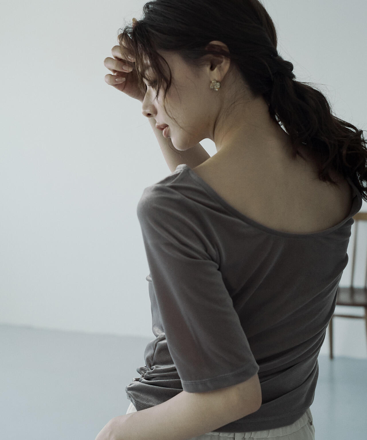 <ハンドウォッシャブル>シアーベロア5分袖トップス