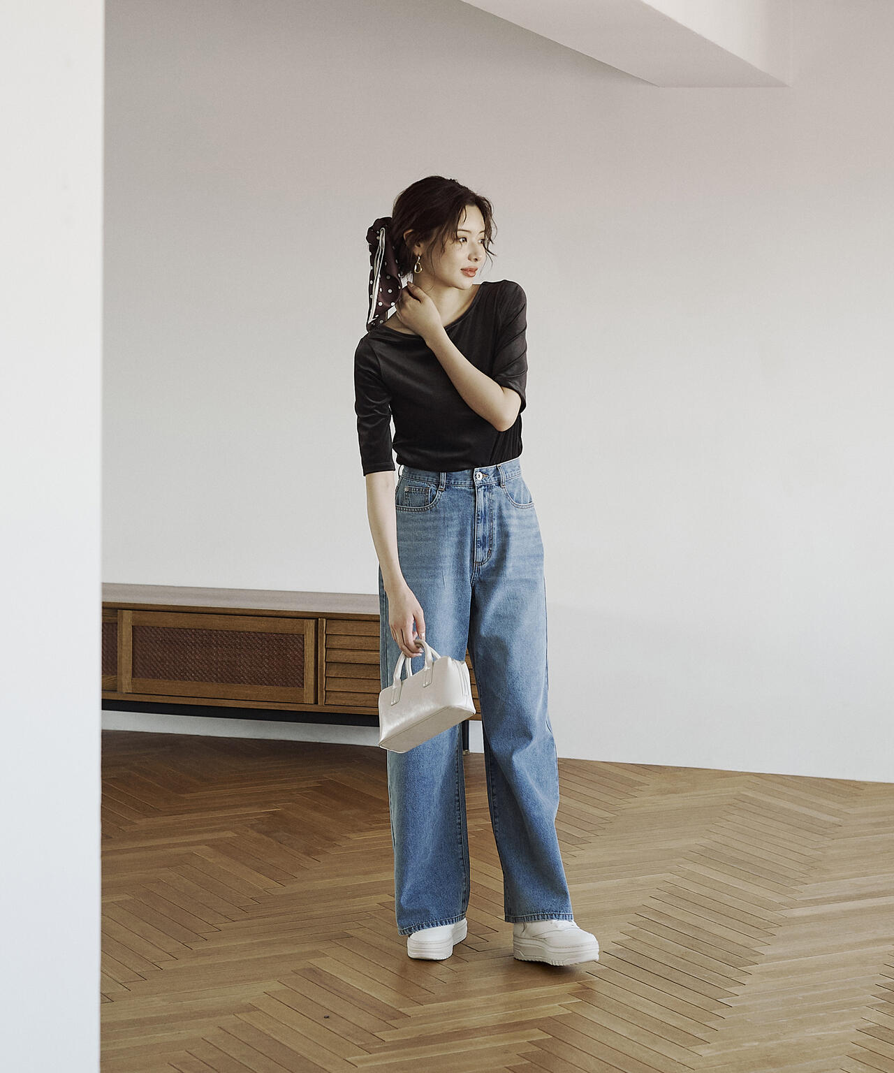 <ハンドウォッシャブル>シアーベロア5分袖トップス