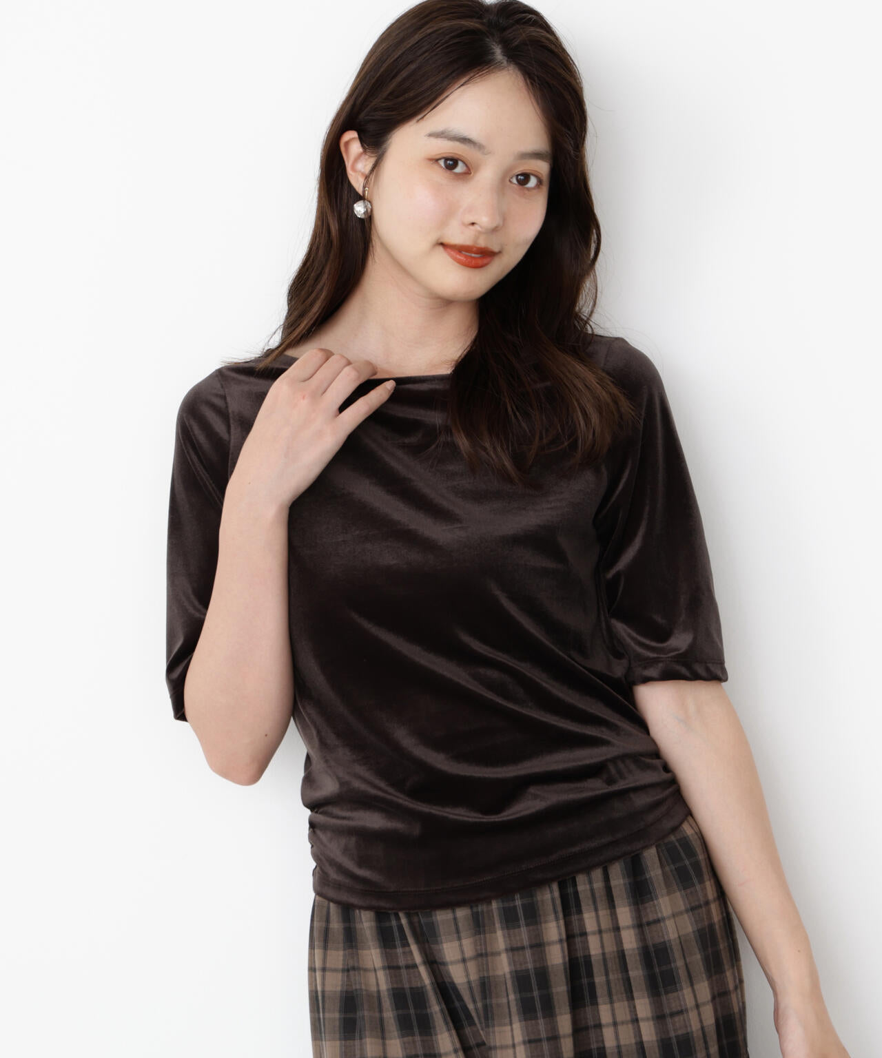 <ハンドウォッシャブル>シアーベロア5分袖トップス