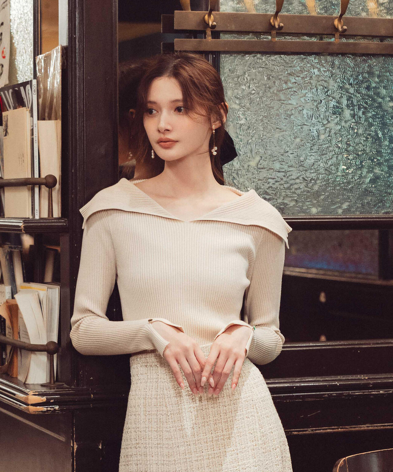 【青島心さん着用】オープンカラーリブニット