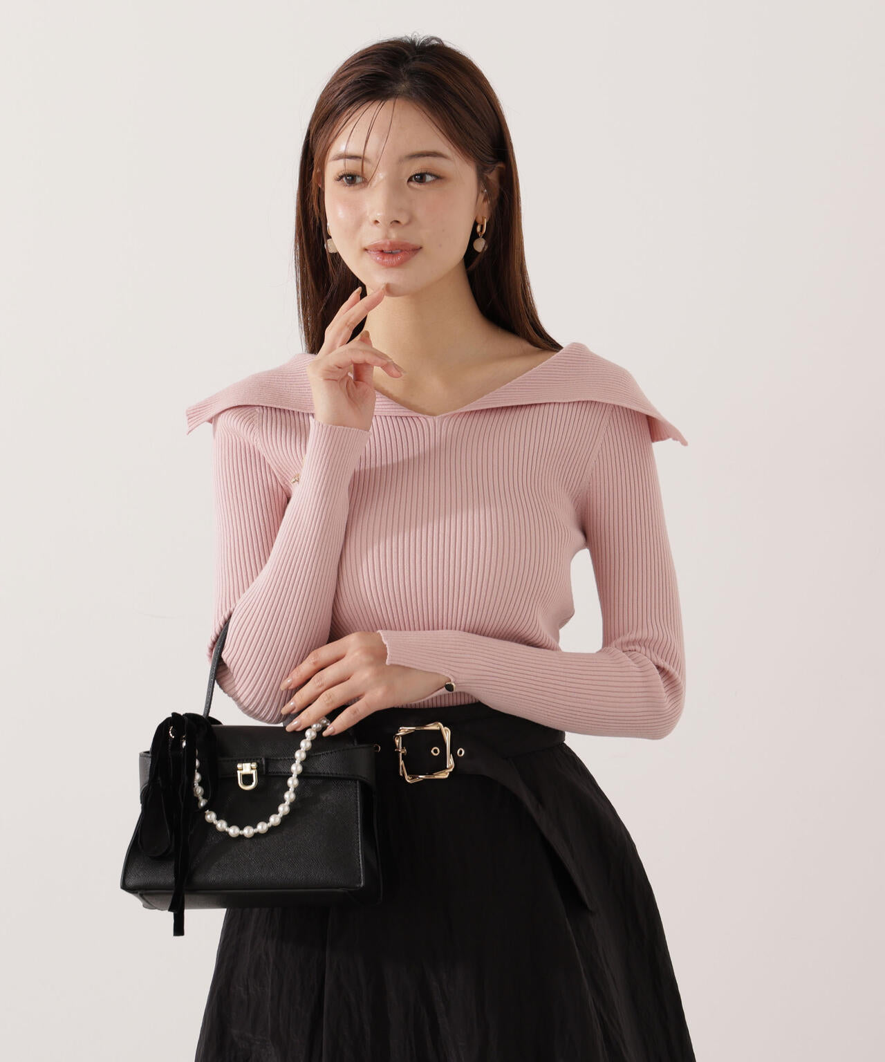 【青島心さん着用】オープンカラーリブニット