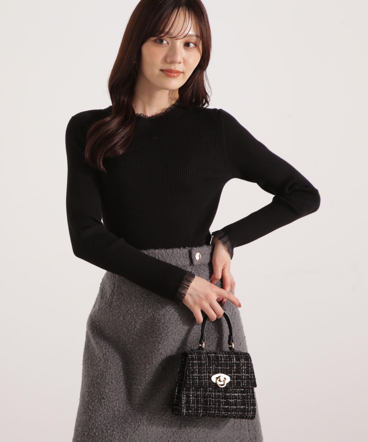 【加藤栞さん着用】<ウォッシャブル>部分シアーリブニット