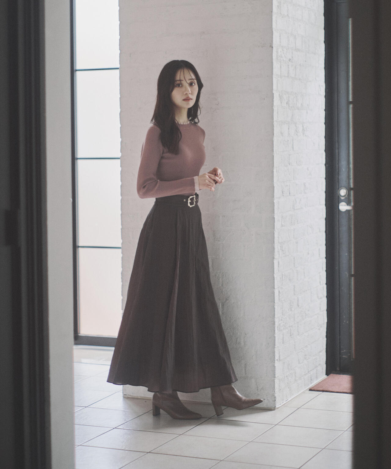 【加藤栞さん着用】<ウォッシャブル>部分シアーリブニット