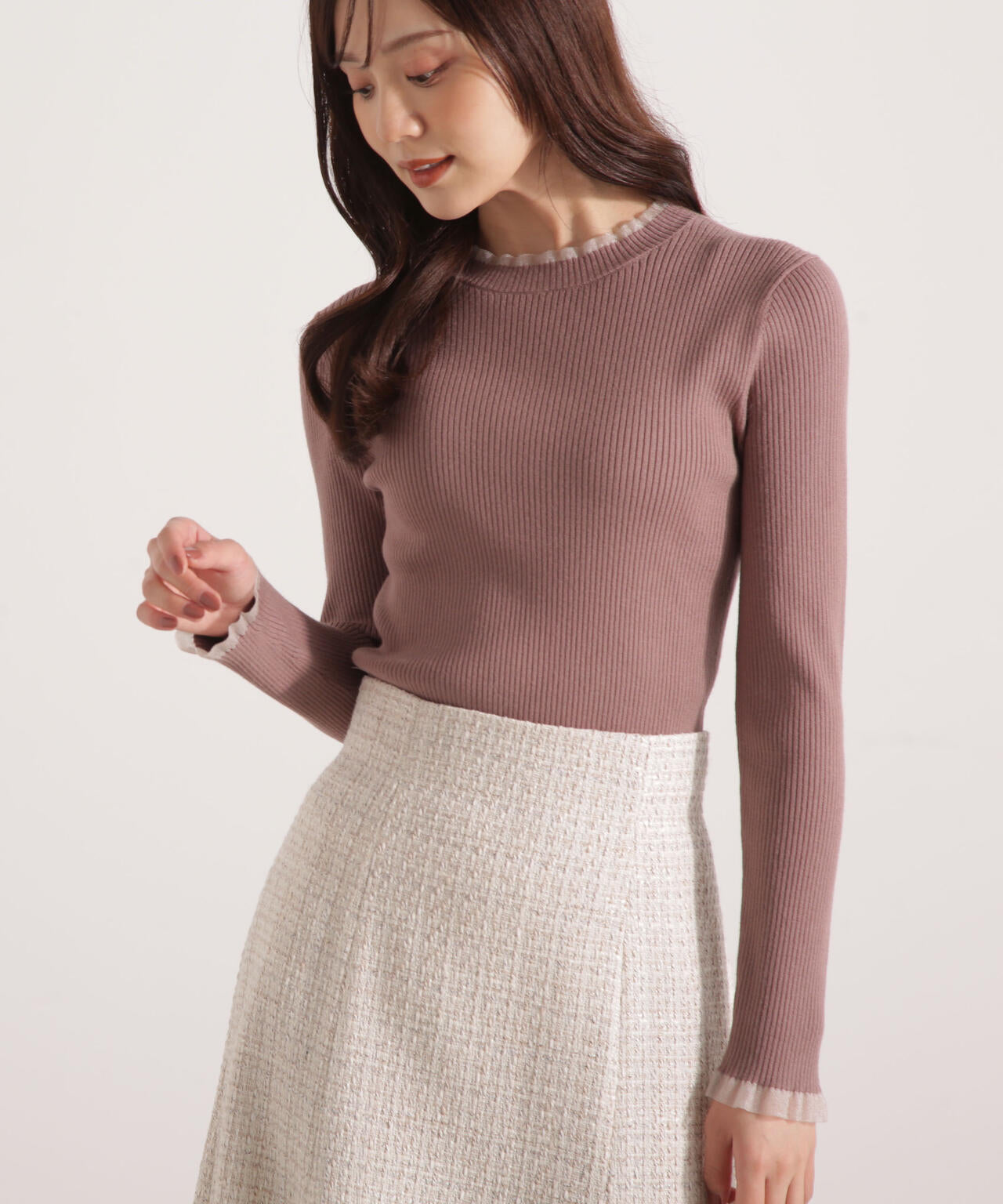 <ウォッシャブル>部分シアーリブニット