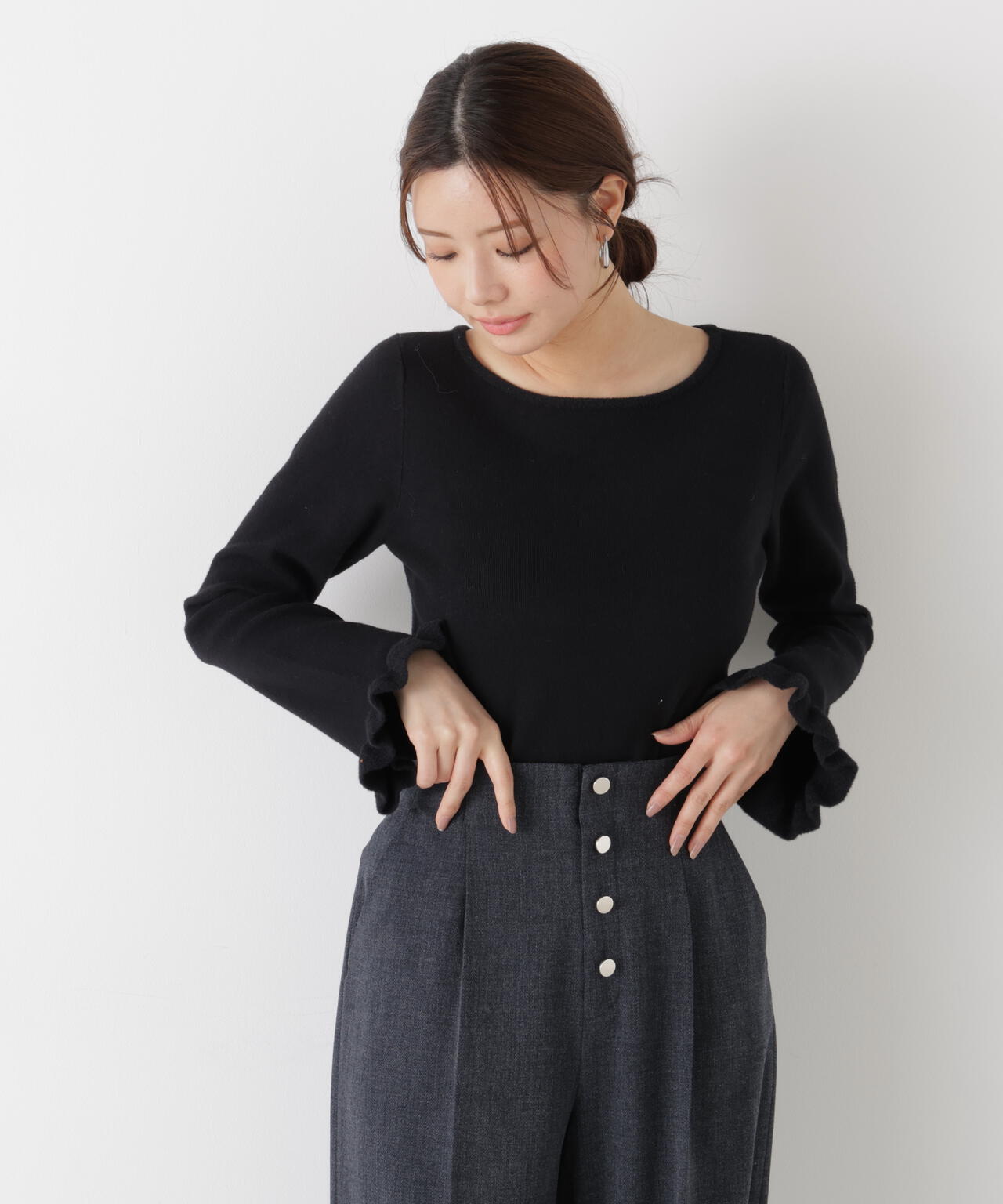 <ウォッシャブル>ミニフェザー部分スリーブニット