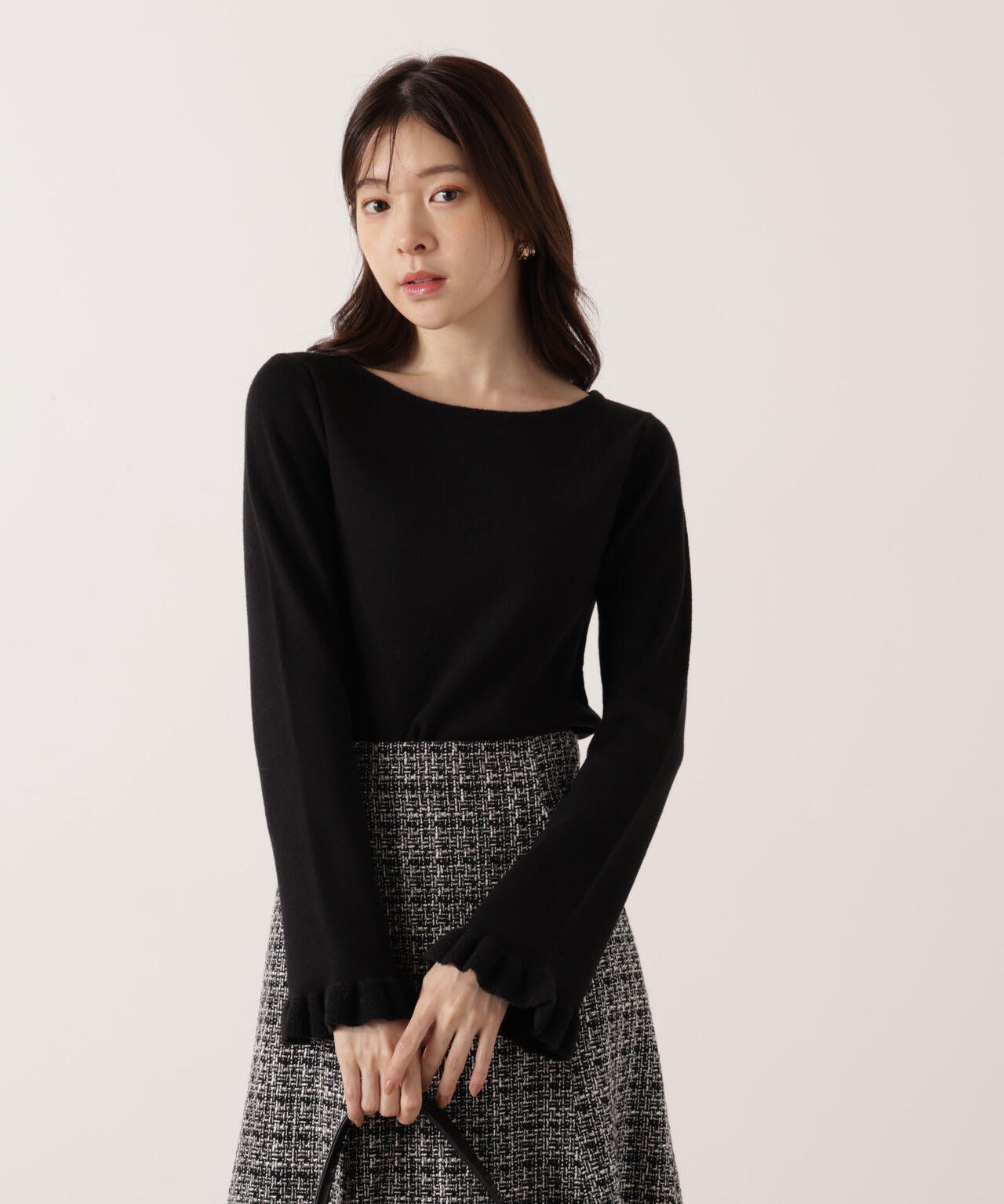 <ウォッシャブル>ミニフェザー部分スリーブニット