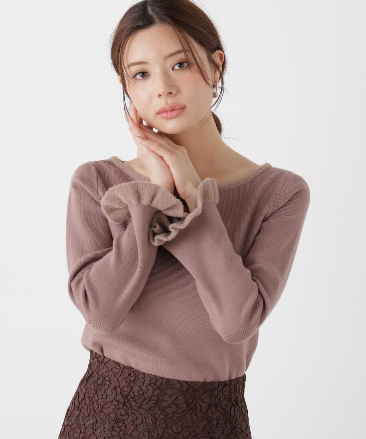 <ウォッシャブル>ミニフェザー部分スリーブニット