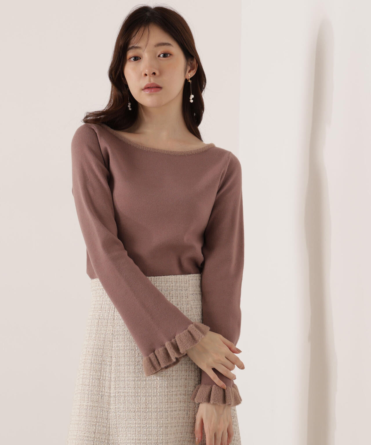 <ウォッシャブル>ミニフェザー部分スリーブニット