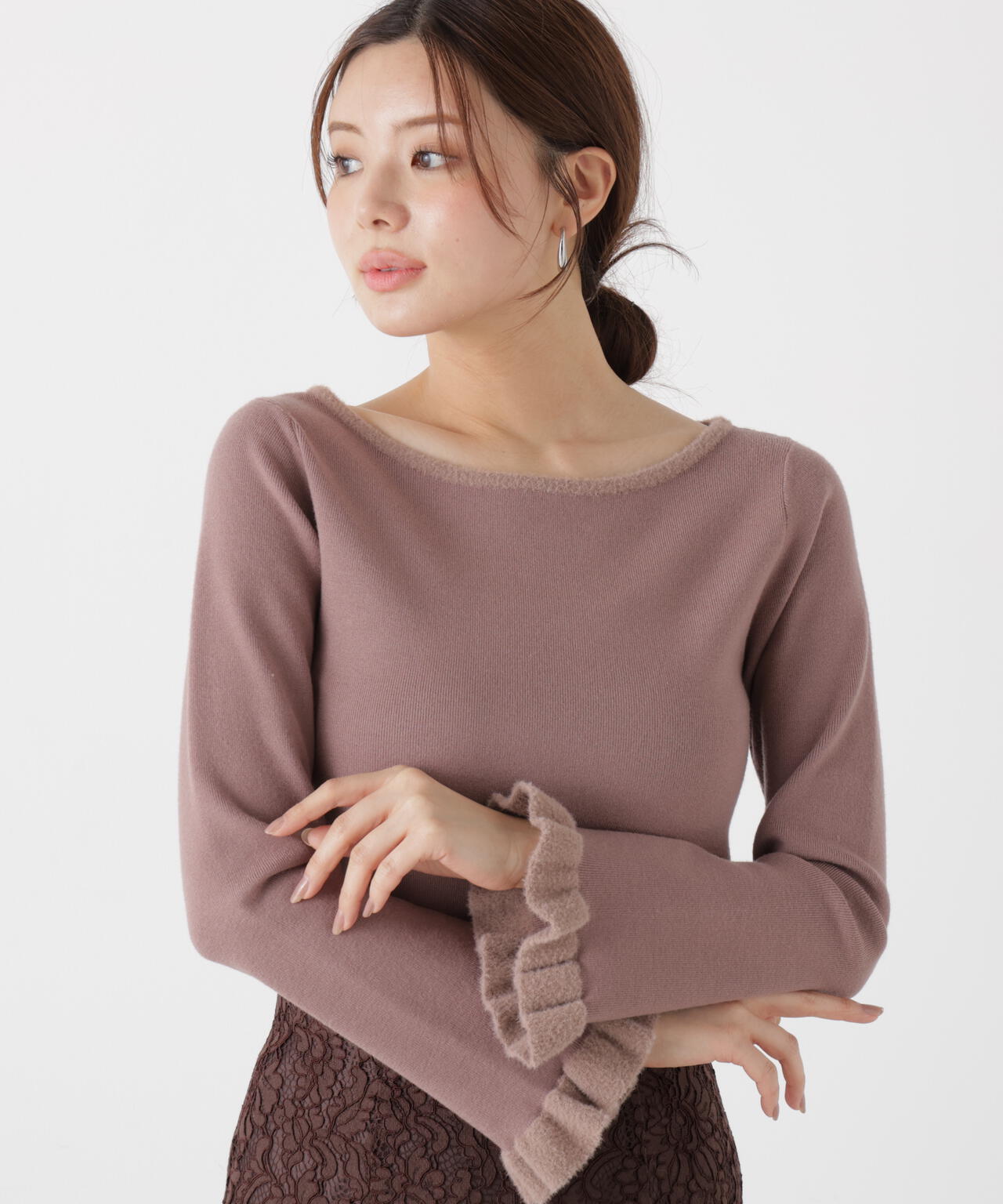 <ウォッシャブル>ミニフェザー部分スリーブニット