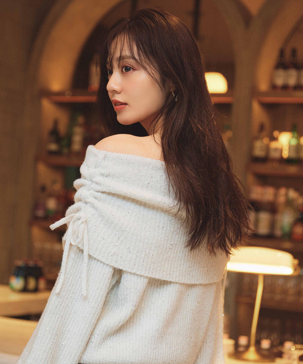 リボン付きオフショルニット