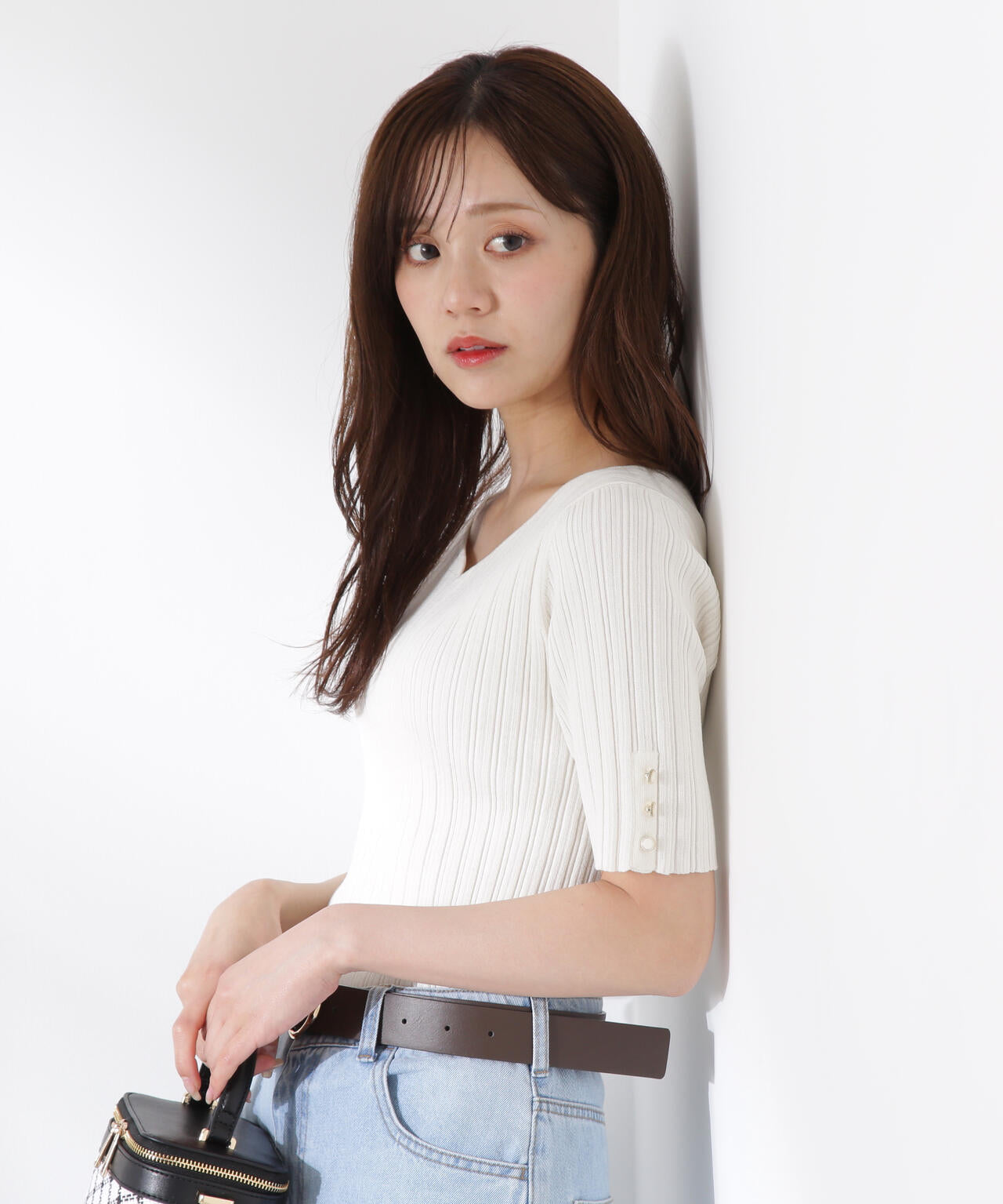 ハートネック半袖リブニット