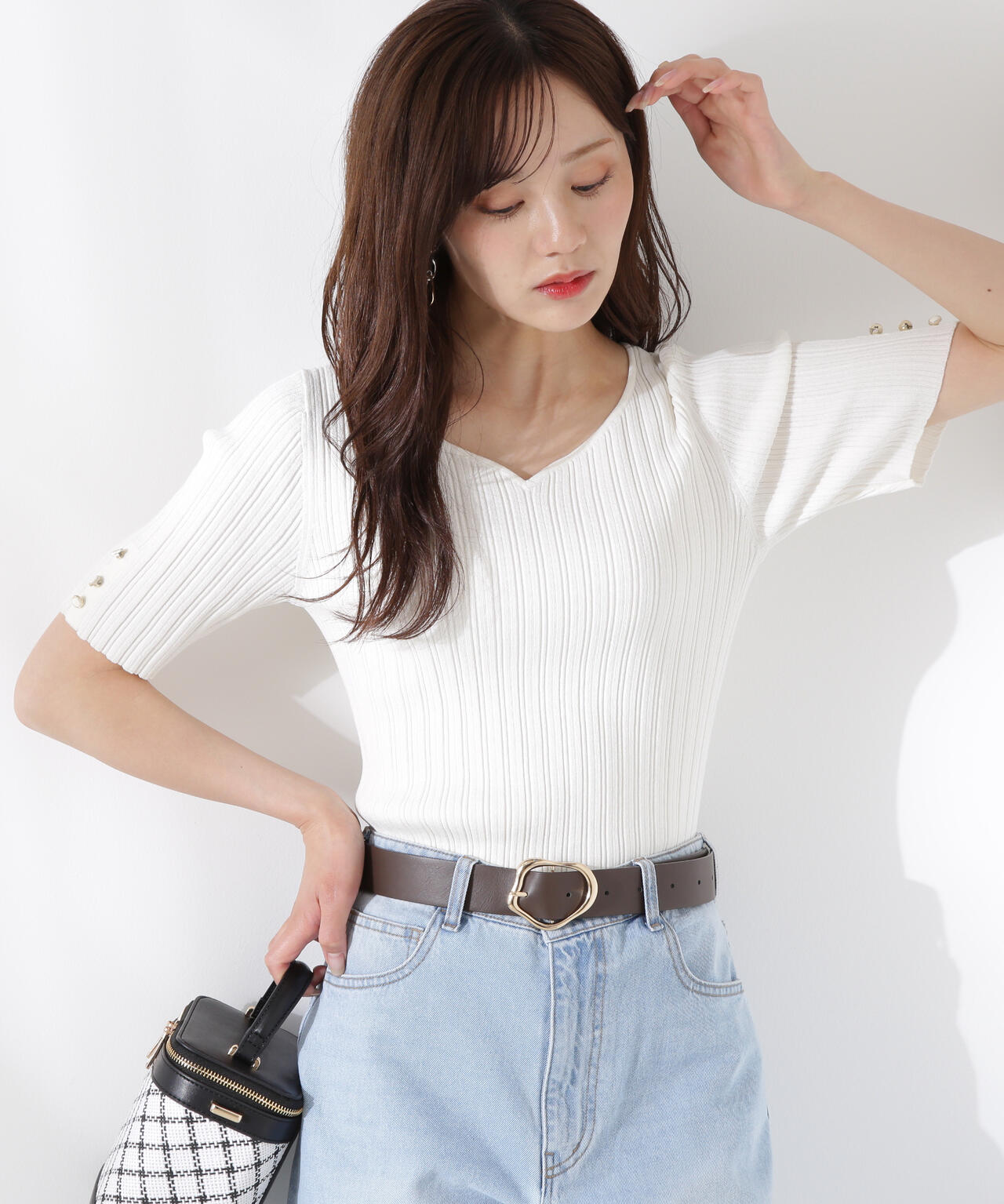 ハートネック半袖リブニット