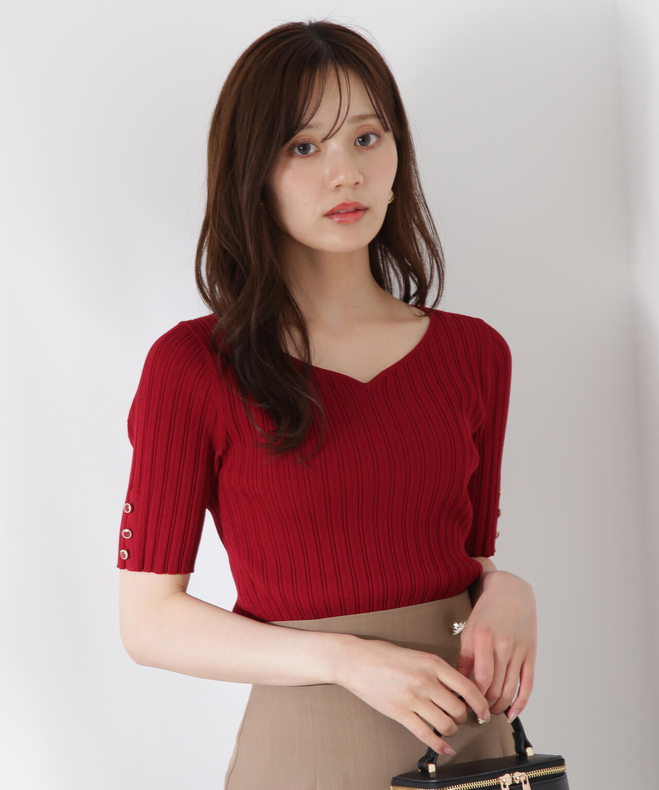 ハートネック半袖リブニット