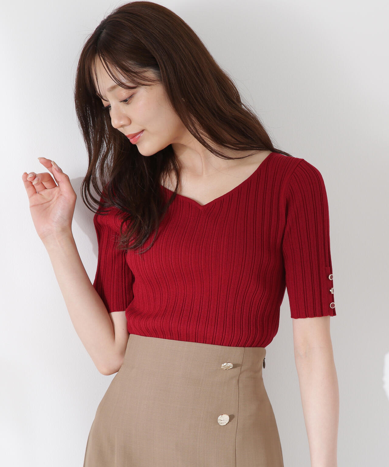 ハートネック半袖リブニット