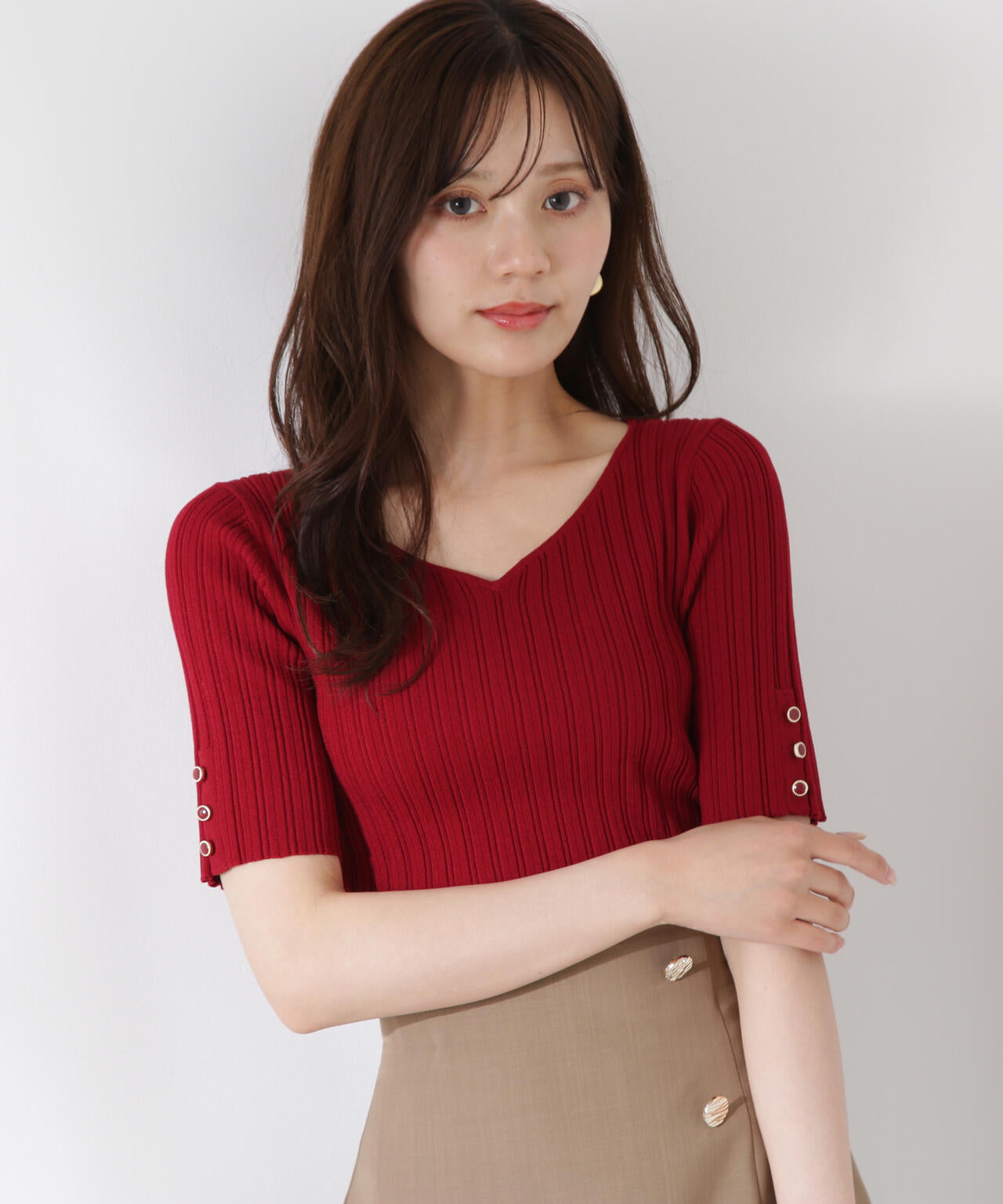 ハートネック半袖リブニット