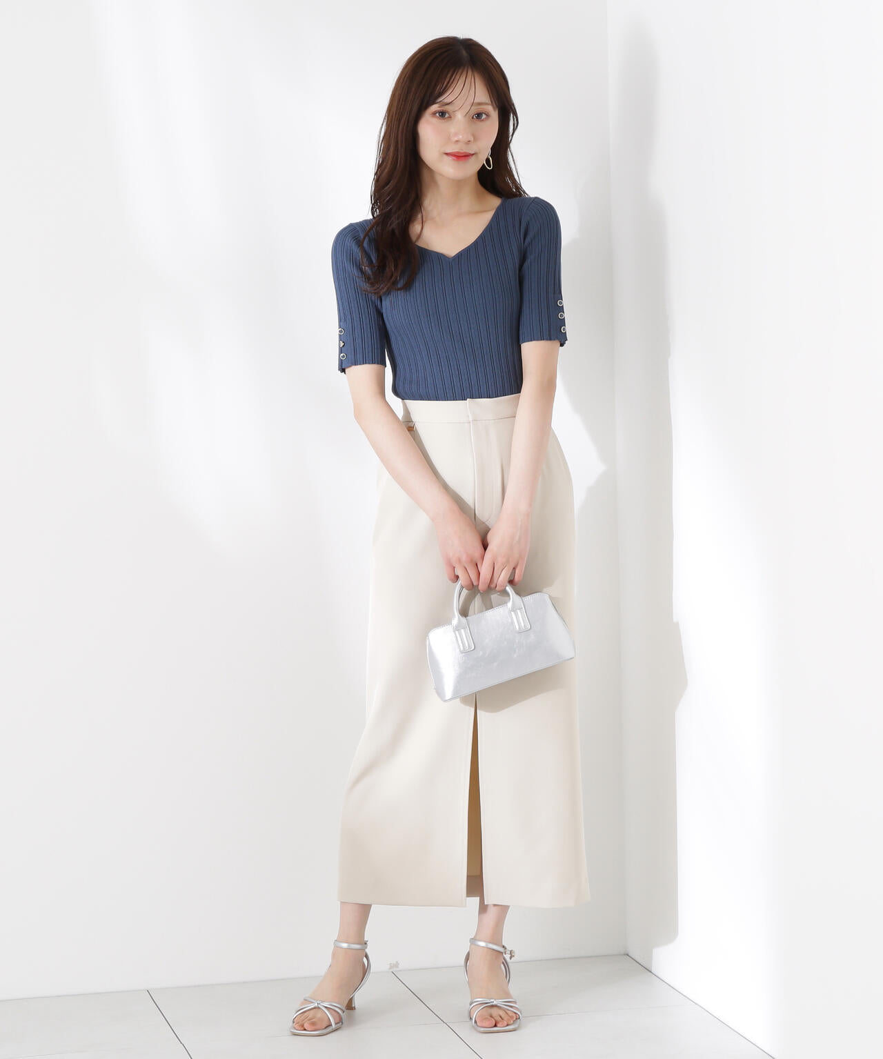 ハートネック半袖リブニット