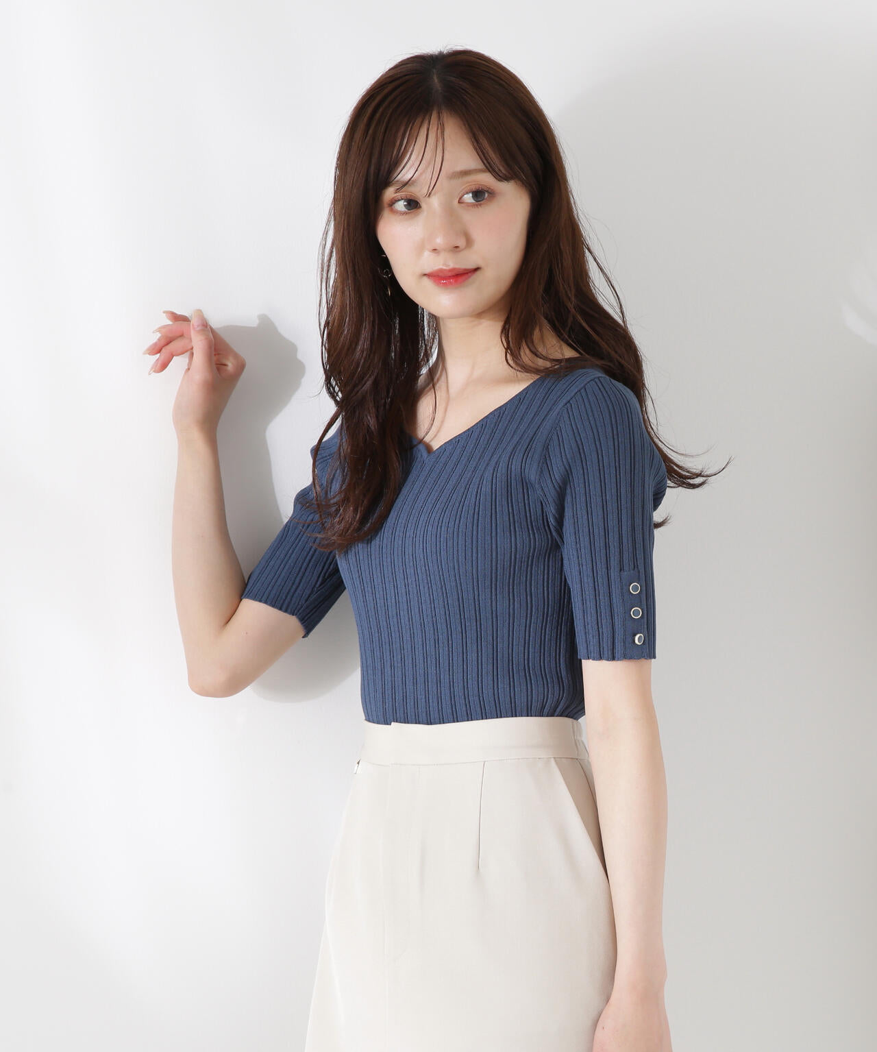 ハートネック半袖リブニット