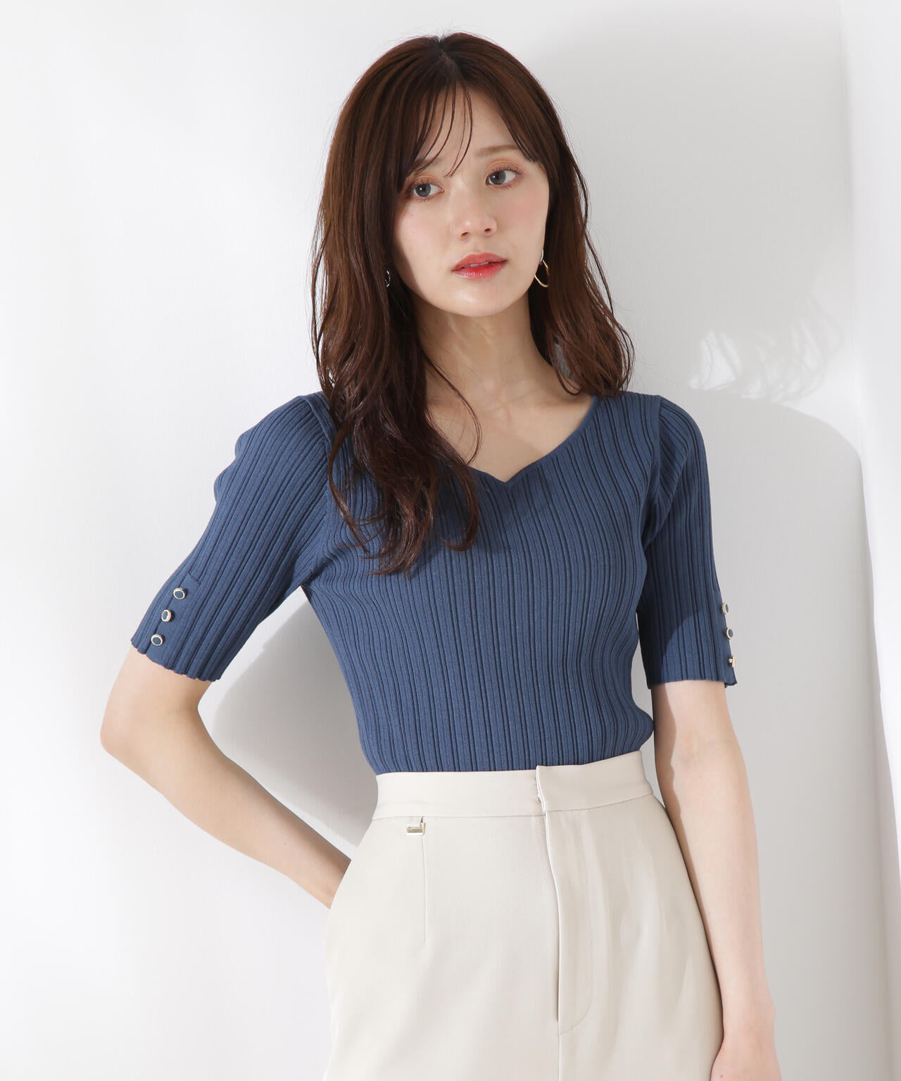 ハートネック半袖リブニット