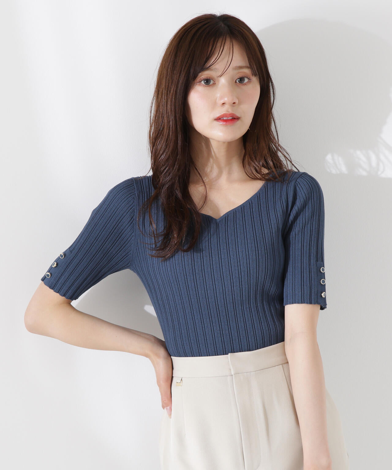 ハートネック半袖リブニット