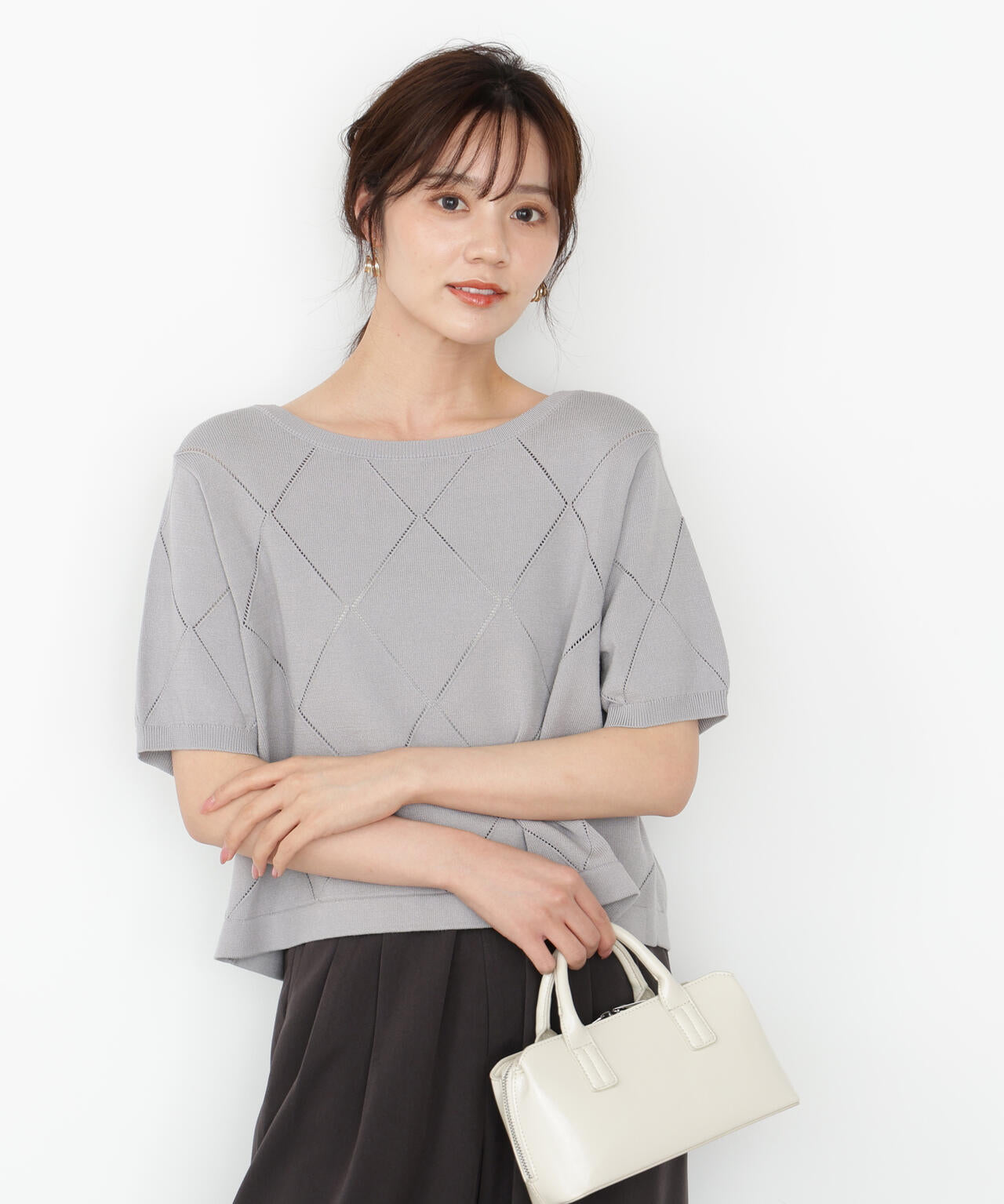 <ハンドウォッシャブル>ダイヤ柄半袖ニット
