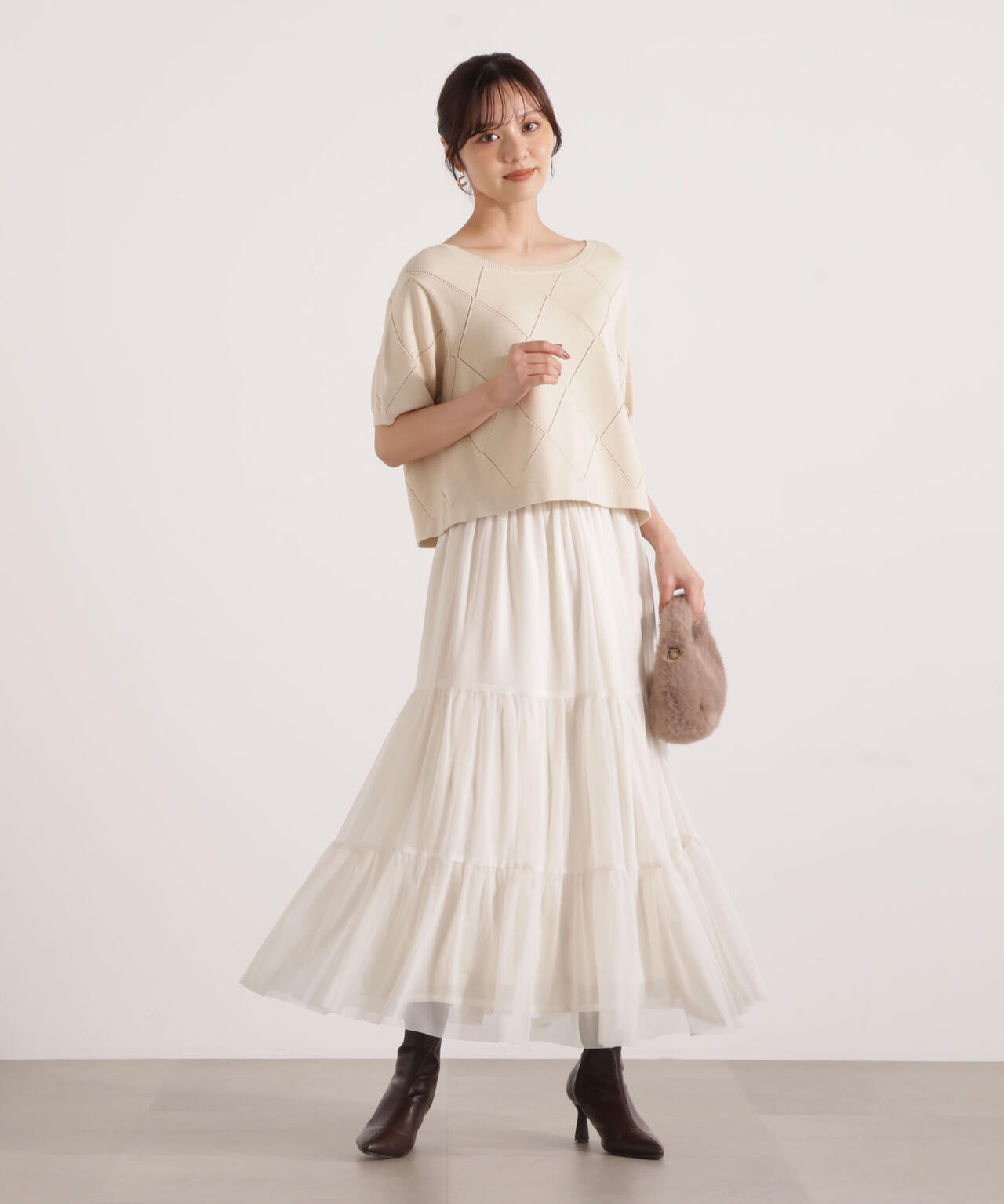 <ハンドウォッシャブル>ダイヤ柄半袖ニット