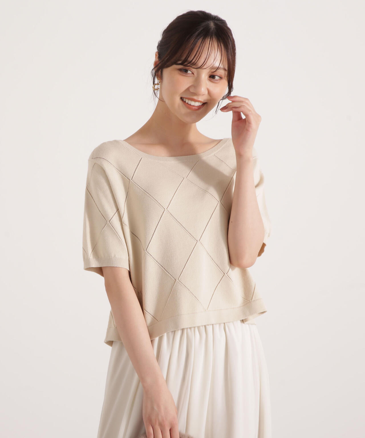 <ハンドウォッシャブル>ダイヤ柄半袖ニット