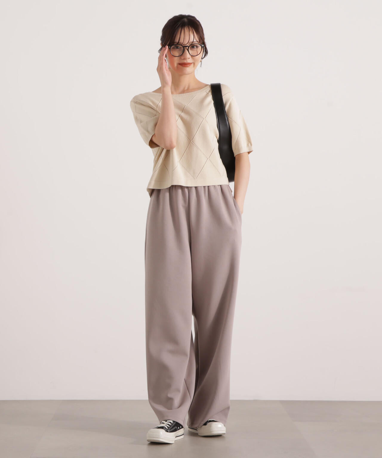 <ハンドウォッシャブル>ダイヤ柄半袖ニット