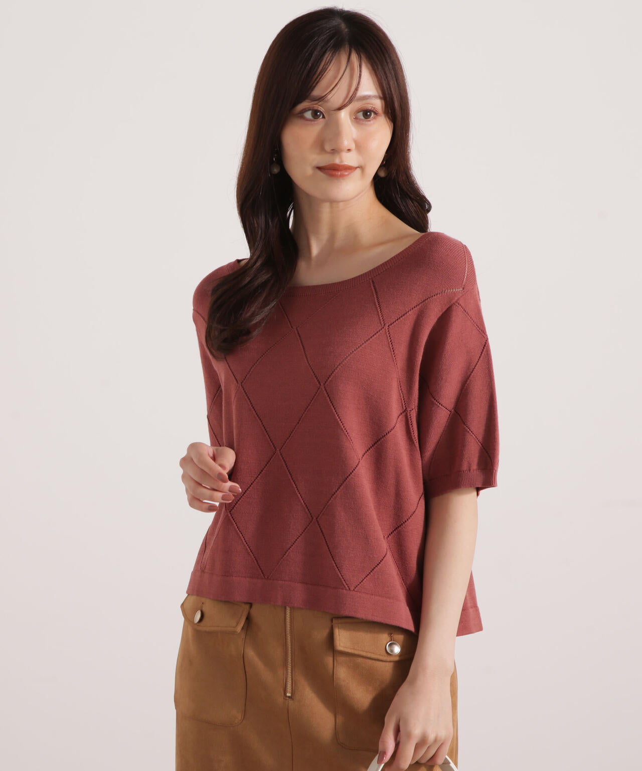 <ハンドウォッシャブル>ダイヤ柄半袖ニット