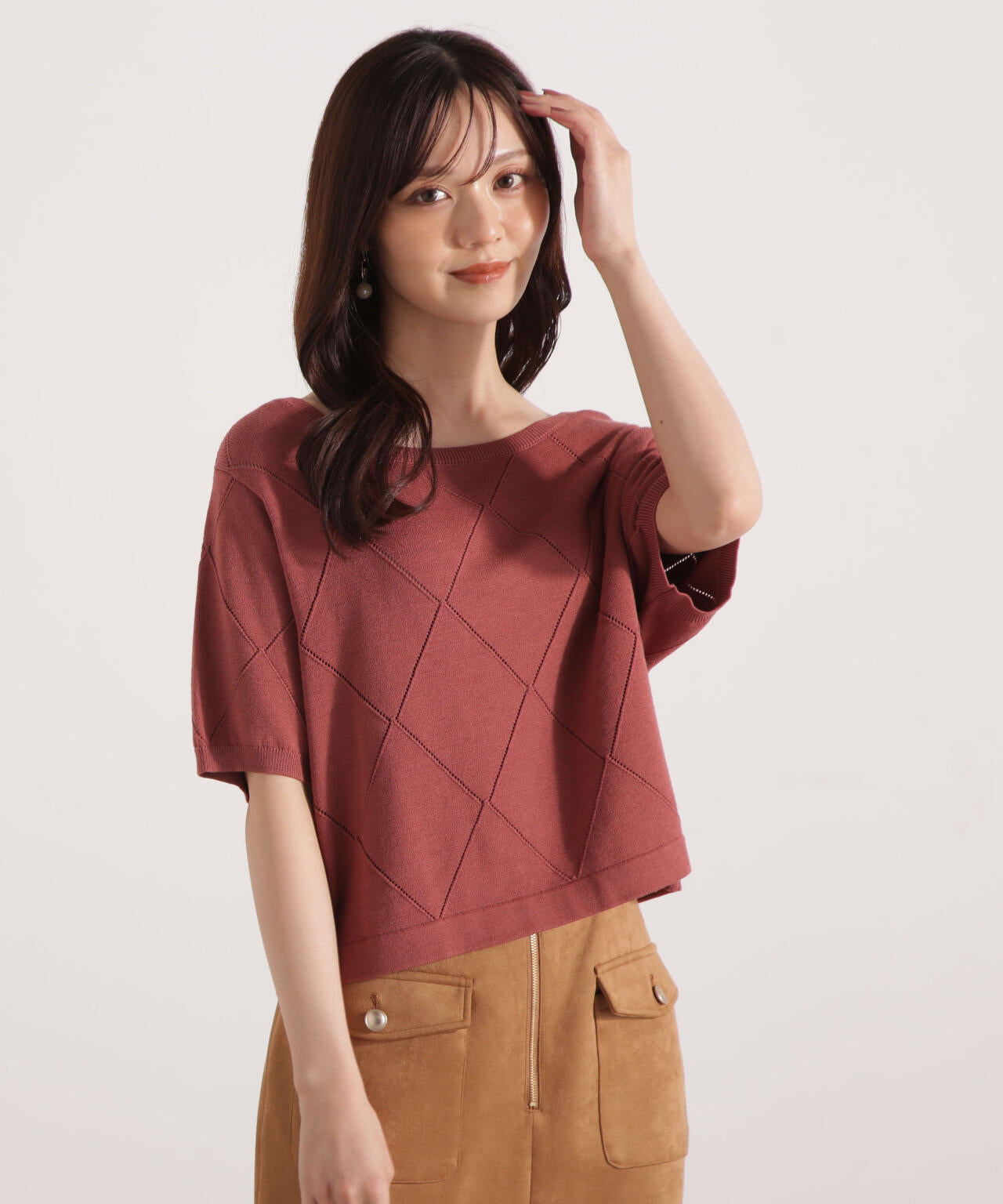 <ハンドウォッシャブル>ダイヤ柄半袖ニット