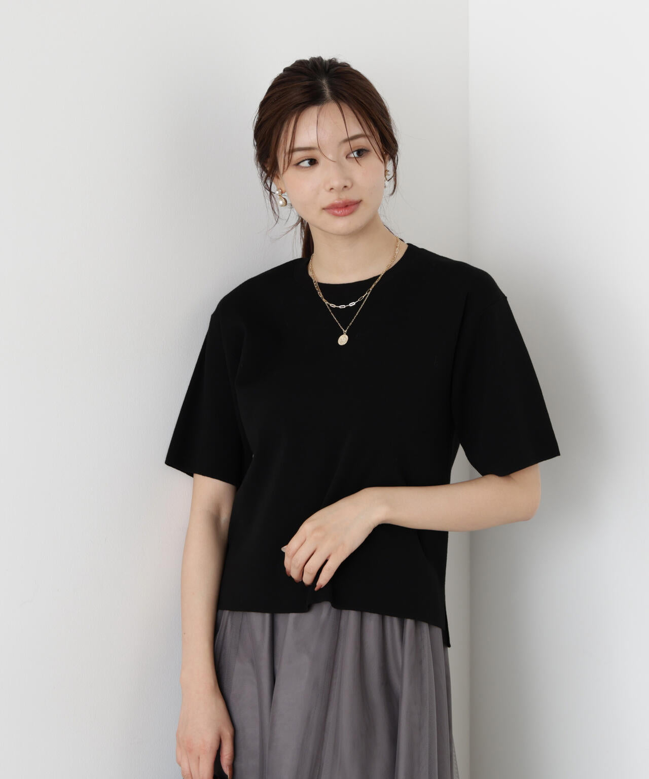 【松川星さん着用】<ハンドウォッシャブル>ハーフスリーブニットプルオーバー