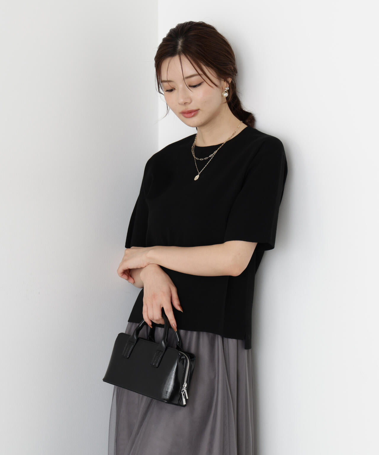 【松川星さん着用】<ハンドウォッシャブル>ハーフスリーブニットプルオーバー