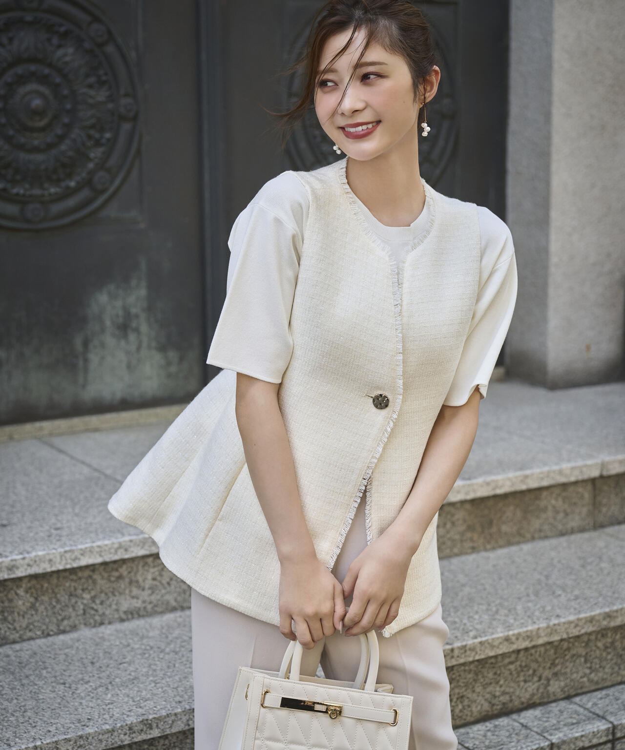 【松川星さん着用】<ハンドウォッシャブル>ハーフスリーブニットプルオーバー