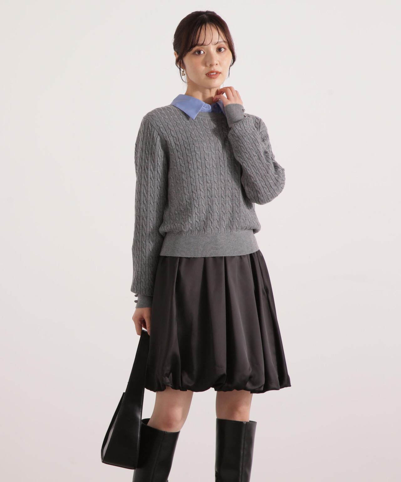 <ハンドウォッシャブル>袖釦ミニケーブルニット