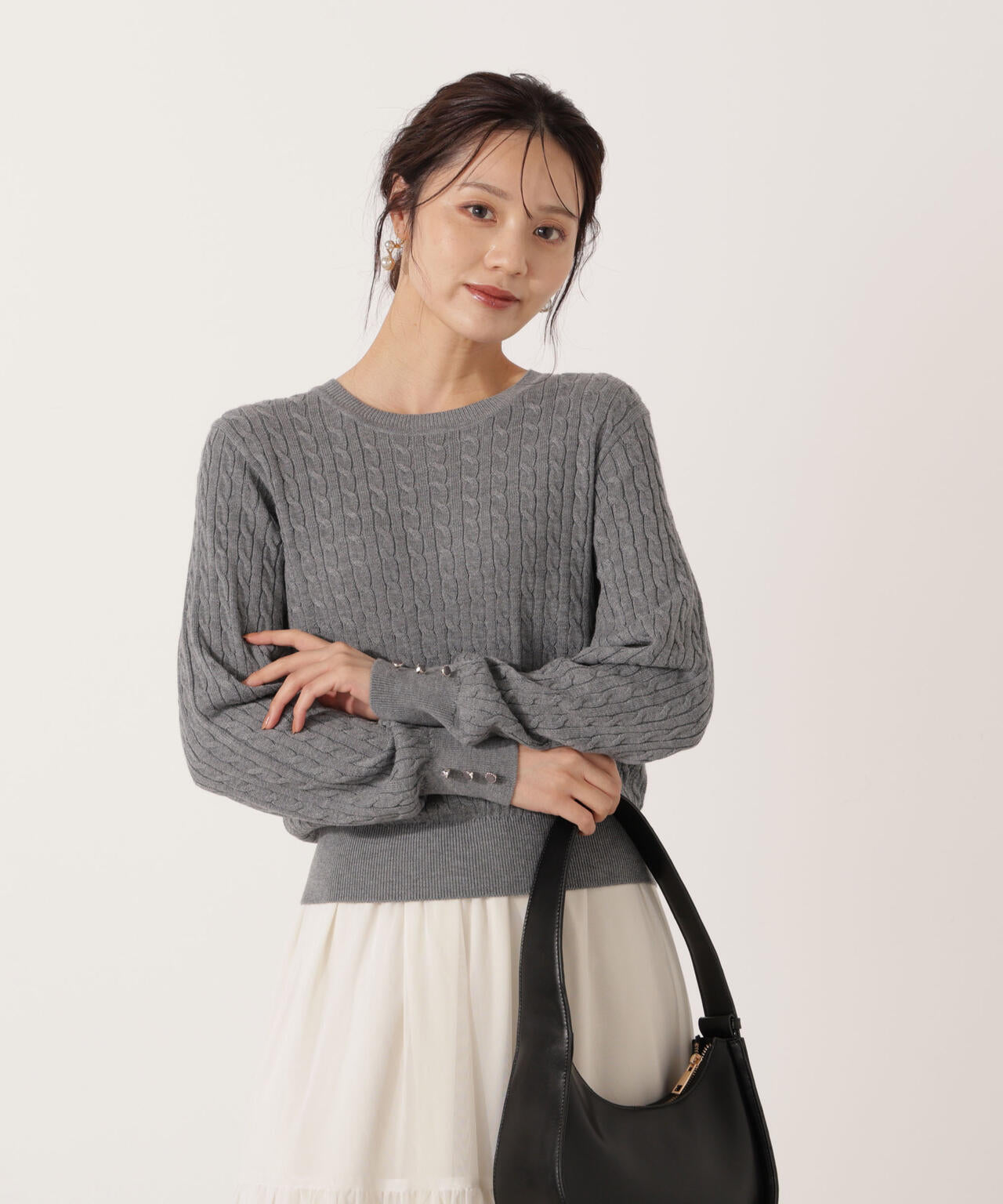 <ハンドウォッシャブル>袖釦ミニケーブルニット