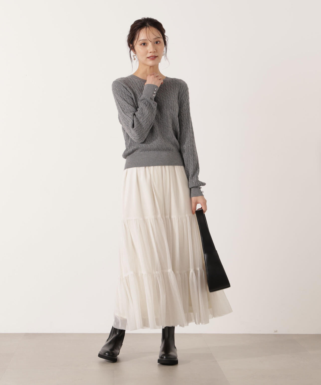 <ハンドウォッシャブル>袖釦ミニケーブルニット