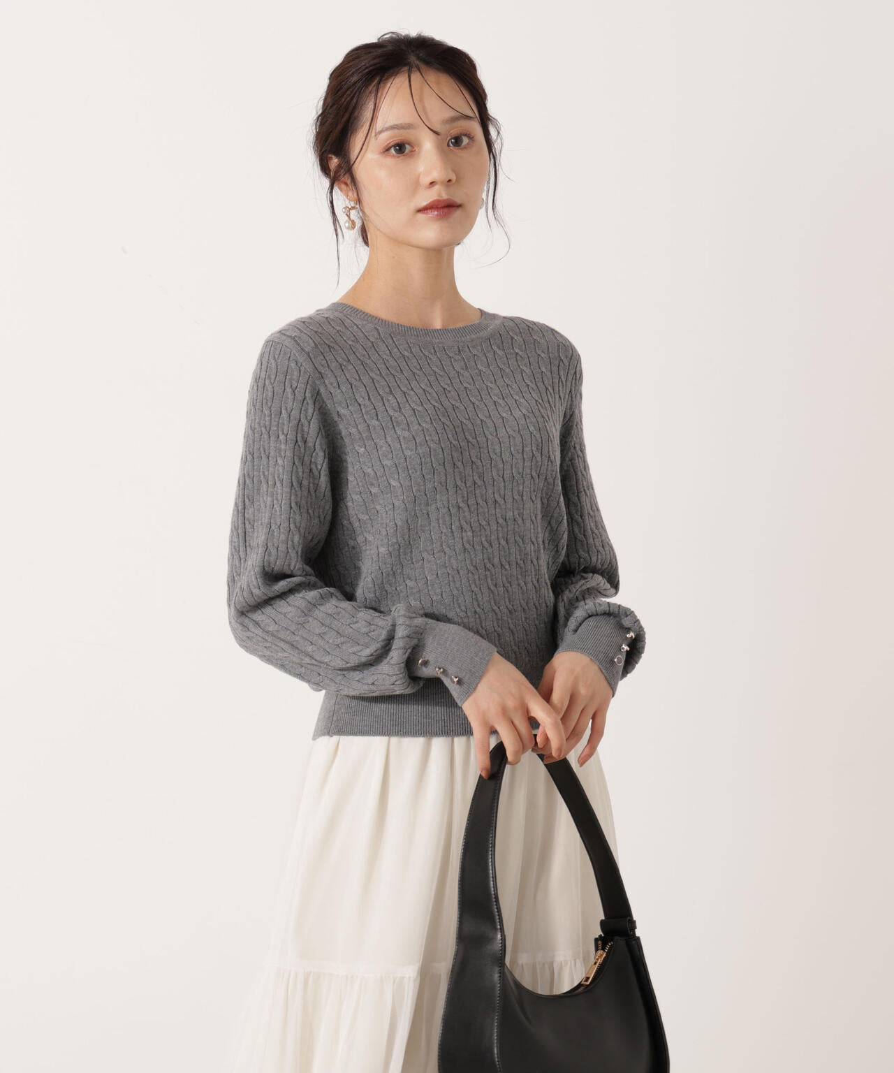 <ハンドウォッシャブル>袖釦ミニケーブルニット