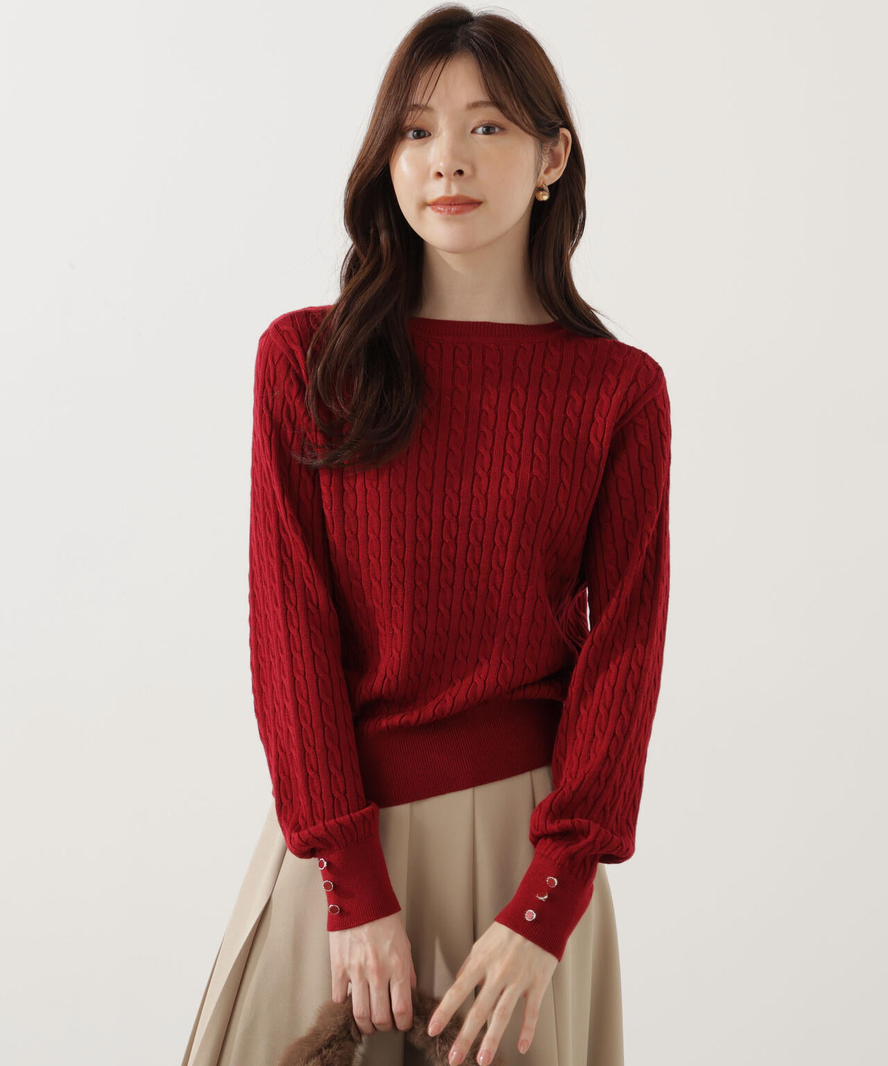 <ハンドウォッシャブル>袖釦ミニケーブルニット