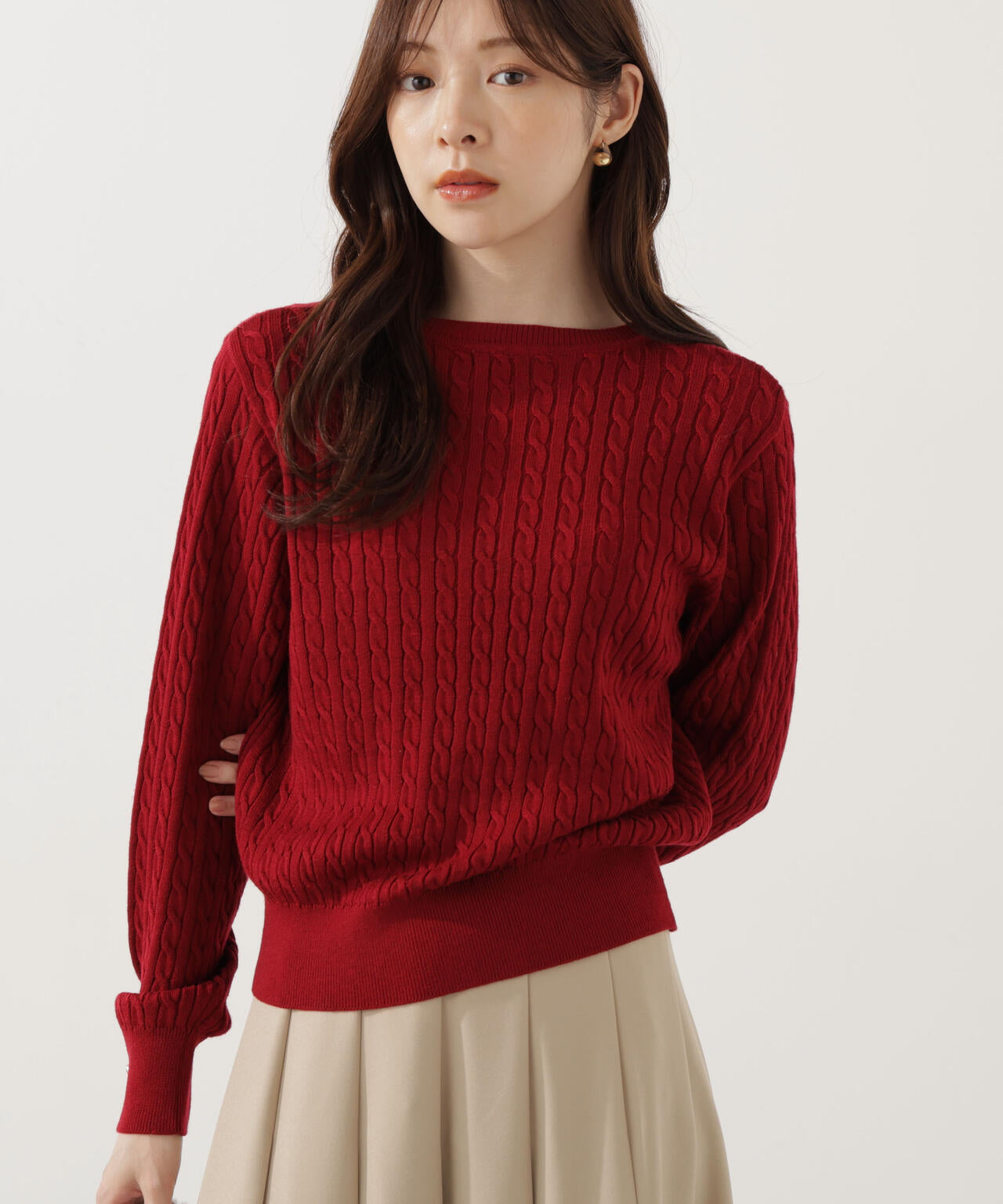 <ハンドウォッシャブル>袖釦ミニケーブルニット